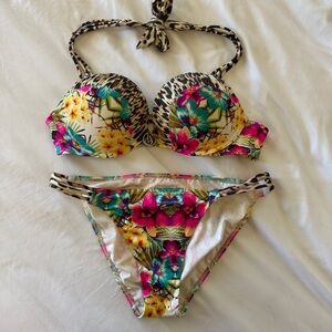 Victoria Secret miraculous bombshell halter floral leopard print bikini